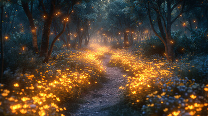 Fototapeta na wymiar Enchanted Forest Pathway Illuminated by Glowing Flowers and Magical Lights