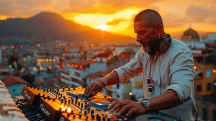 cool male working as dj, sunset Athens rooftop view, party DJ profession 