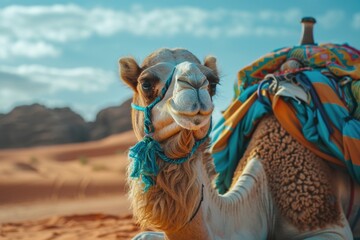dromedary white and brown camels walking on brown sand in a desert with brown mountains in the background with clear beautiful blue sky covered with white clouds