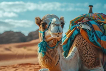  dromedary white and brown camels walking on brown sand in a desert with brown mountains in the background with clear beautiful blue sky covered with white clouds © usman