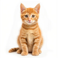Little ginger kitten isolated on white background sitting on the floor. Domestic cat, isolate, kitten on white background for advertising pet products, food, toys, medicines.