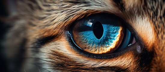 Closeup of a blueeyed cat showcasing its facial expression, whiskers, and feline features like the iris and snout. A stunning glimpse into the wildlife of this terrestrial carnivore - obrazy, fototapety, plakaty