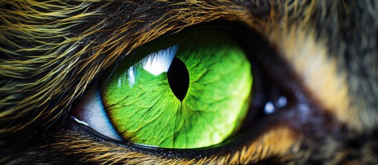 A detailed shot of a Felidaes green eye, showcasing its vibrant iris, long eyelashes, and possibly a hint of the cats nose and head in the background - obrazy, fototapety, plakaty
