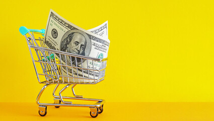 Shopping cart full of dollar bills. Financial Growth and Managing wealth and Investments. Trolley on a orange background with space for text - obrazy, fototapety, plakaty