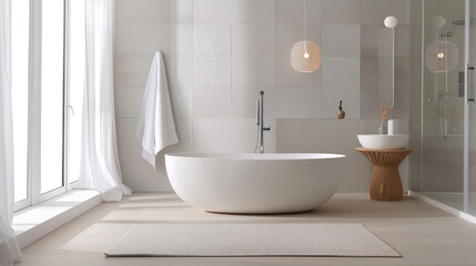 Fototapeta na wymiar Modern bathroom interior. Bathroom tiles in minimalist style