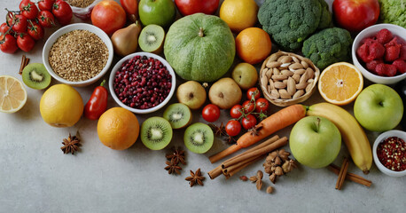 Fruits. Apples, grapes, banana, orange, kiwi, carrot, broccoli, pear. collage of fruits