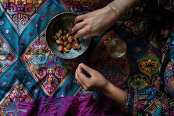 closeup photo of people gathered around a traditional arabic mat while sharing brown and black dates with their hands during sunshine in the morning outside their houses in a garden