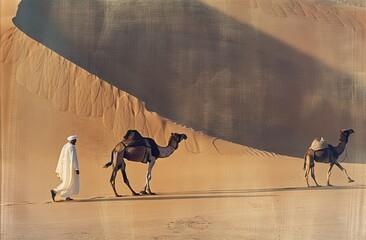 An Arab man in white robes walks with two camels across the desert with black and brown sand...