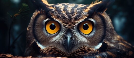 Closeup of an Eastern Screech owl with striking yellow eyes perched on a tree branch. This terrestrial bird of prey has a sharp beak and distinct eyelashes