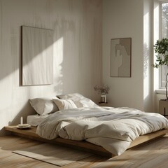 Modern minimalist bedroom bathed in sunlight featuring a low wooden bed frame, soft beige linens, and abstract wall art for a simple yet elegant appeal