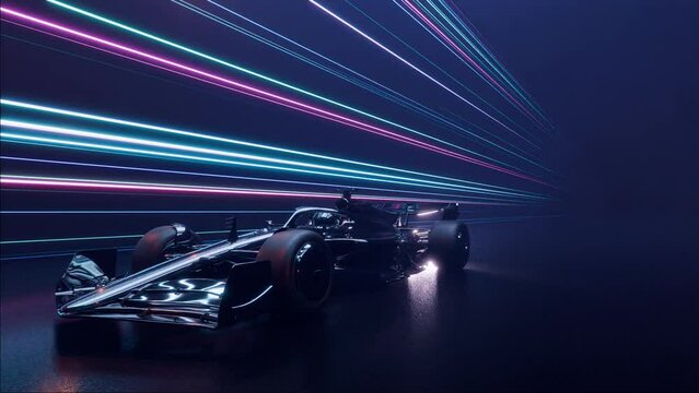 abstract modern formula 1 race car in high speed tunnel, glowing neon lights background, copy space, 4k seamless loop