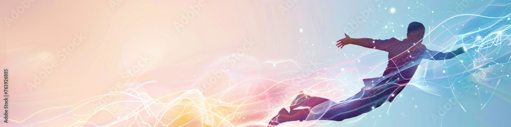 Aufkleber person streams through a vibrant digital space, blending with a mesh of data and light