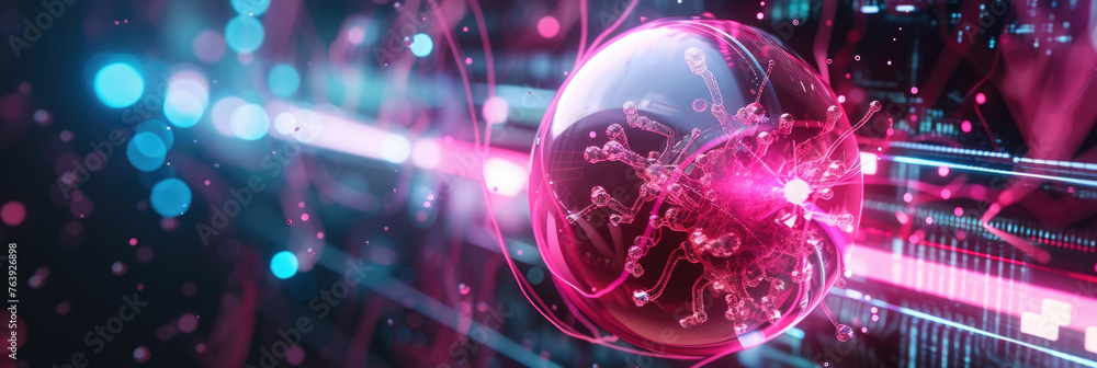 Aufkleber stylized virus structure within a transparent sphere, surrounded by digital data and light beams