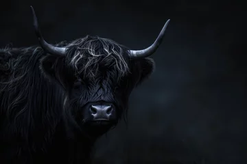 Photo sur Aluminium Highlander écossais big black muscular highland cow with huge white horns and long hair isolated on a dark black background