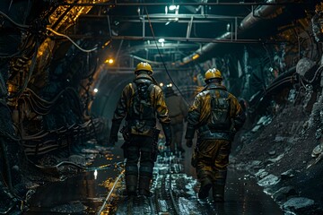 Navigating a dark tunnel: Miners united exemplifying the strength of teamwork. Concept Teamwork, Strength, Unity, Overcoming Challenges, Resilience