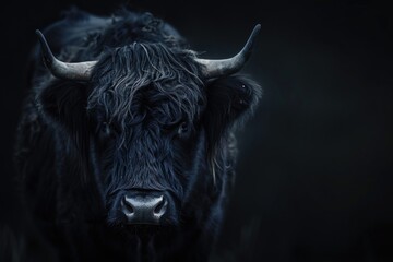 big black muscular highland cow with huge white horns and long hair isolated on a dark black background