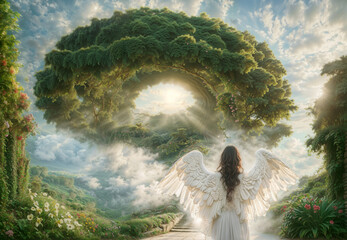An angel in heaven paradise. Religious theme concept.