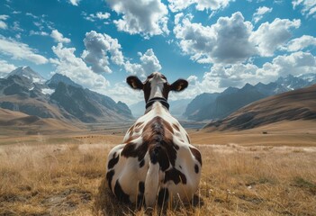 Cinematic photo of an old brown and white cow with a black collar sitting on the grass in front of mountains while viewing them during sunshine in the morning with clear blue sky with white clouds - Powered by Adobe