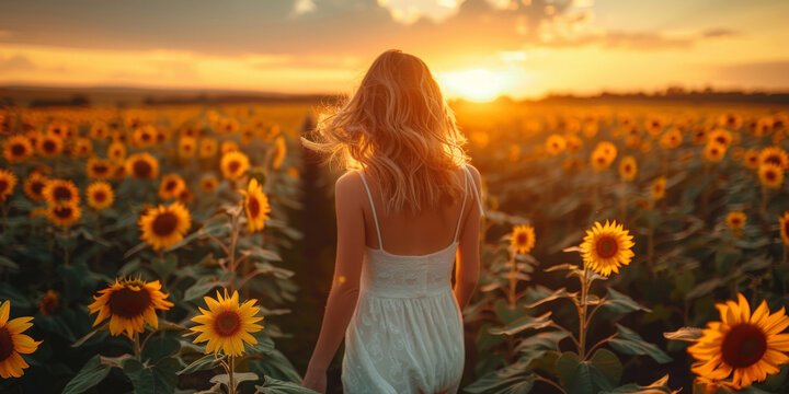 beautiful landscape a girl in a white dress running through a sunflower field at sunset light background, banner, summer field
