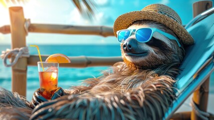 Happy and smiling sloth wearing summer hat and stylish sunglasses, holding cocktail glass, sits on beach chair under the palms. Summer holiday and vacation concept. - obrazy, fototapety, plakaty