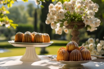 small caneles with vanilla cream on white cake plate on the terrace overlooking the garden with flowering trees and green lawns. French dessert. Concept national dishes.
