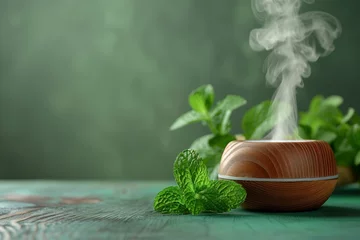 Poster An essential aroma oil diffuser on the table, nearby mint leaves, green background, copy space for text. Still life. Concept aromatherapy and relaxing. Air freshener © Anastasiia