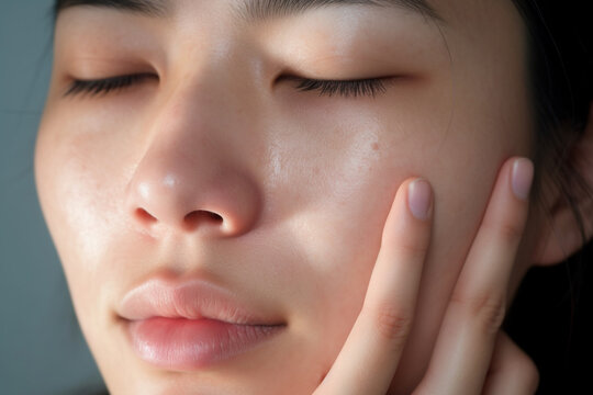 cropped shot of Asian woman having wrinkled and acne scar occur on her face