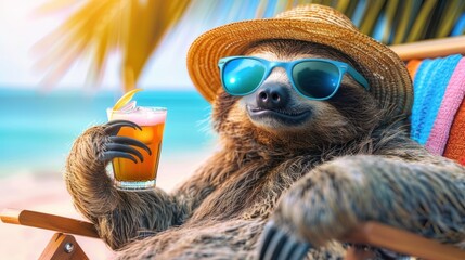 Naklejka premium Happy and smiling sloth wearing summer hat and stylish sunglasses, holding cocktail glass, sits on beach chair under the palms. Summer holiday and vacation concept.