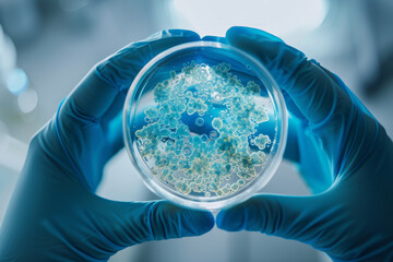 A scientist wearing blue gloves holding a petri dish with bacteria or virus samples