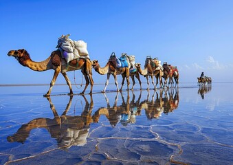dromedary camels walking on the salt lake in the Danakil Depression Eritrea during sunshine in the morning with a clear beautiful blue sky covered with white clouds - obrazy, fototapety, plakaty