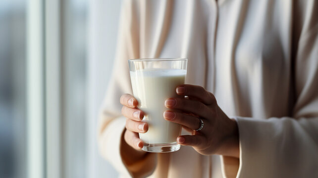 Woman holding a glass of milk in her hand in the morning