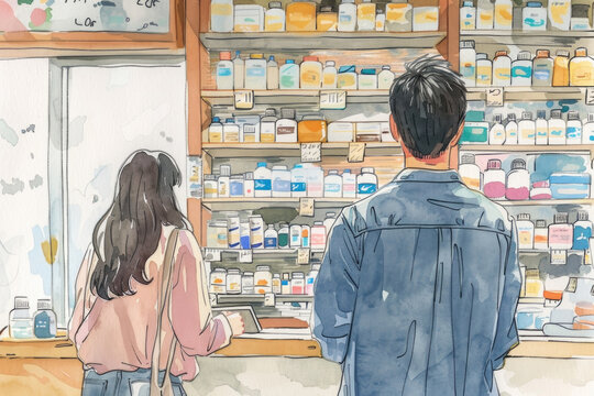 A man and a woman standing together in front of a store, possibly having a conversation or looking at something
