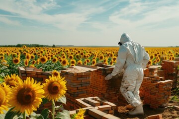a young employee in a full white protective suit working with honeybees brick and silt blocks near a sunflower field in a wide angle shot during sunshine in a cloudy day in the morning