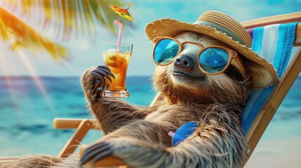Happy and smiling sloth wearing summer hat and stylish sunglasses, holding cocktail glass, sits on beach chair under the palms. Summer holiday and vacation concept.