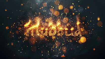 Eid Mubarak golden arabic words in araby written in glowing golden light with sparkles and glitter lighted up on a dark background - obrazy, fototapety, plakaty