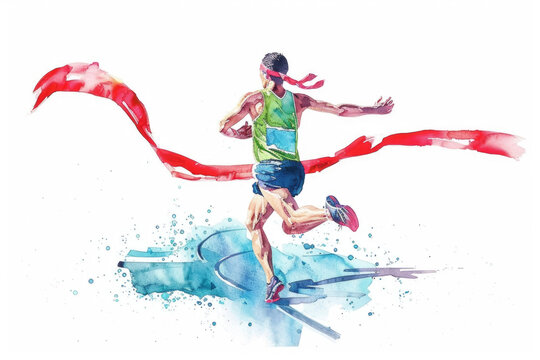 A watercolor painting depicting a man in motion, crossing a finish line in a race with visible determination and achievement