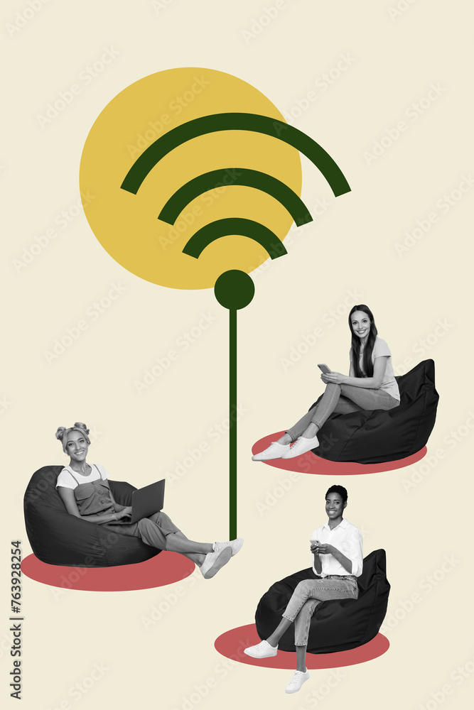 Poster composite collage image of wifi router internet device icon connect people teamwork remote working u