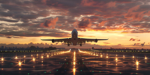 A large passenger plane taking off from an airport runway at dusk with a beautiful orange and blue sky in the background - obrazy, fototapety, plakaty