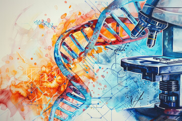 A detailed painting depicting a microscope focused on a double-stranded structure, showcasing scientific research and analysis