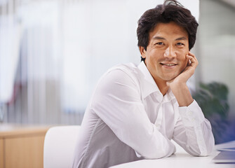 Happy, office and portrait of business Asian man with confidence, company pride and smile. Creative...