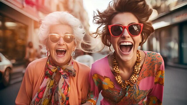 An elderly woman and a younger woman share a moment of laughter on a city street, showcasing intergenerational happiness. Funny senior mother and daughter laughing while walking down the street. Loop