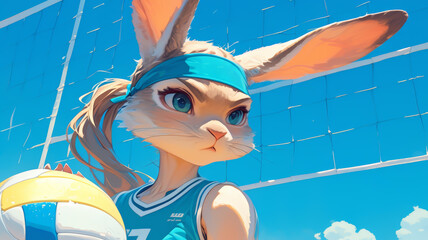 Rabbit in a sporty swimsuit ready for a beach volleyball match, vibrant setting, front view, energetic atmosphere.