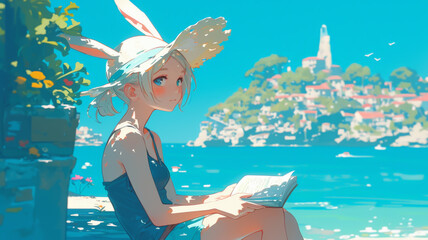Rabbit in a sunhat and swimsuit reading a book by the seaside, soft focus, over-the-shoulder shot, peaceful.