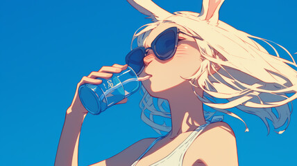 Rabbit wearing sunglasses and a swimsuit, sipping a cold drink, clear blue sky, eye-level view, summer bliss