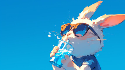 A rabbit donned in sunglasses and a swimsuit leisurely enjoys a refreshing beverage under the clear blue sky, embodying the essence of summer bliss from an eye-level perspective.