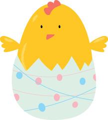 cheerful yellow chicken in an egg, vector illustration, isolated on white