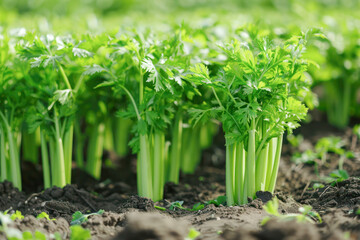 Fototapeta premium Vibrant Celery Crop in Soil. Thriving celery plants stand tall in fertile soil, showcasing vibrant green foliage in a healthy crop field.