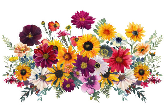 A collection of colorful flowers arranged in a bouquet, set against a clean white background