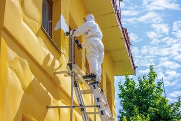 man in white protective suit painting a yellow roof of an apartment building with spray gun ladder and platform on top of it during sunshine in the morning with beautiful view of clear blue sky - Powered by Adobe