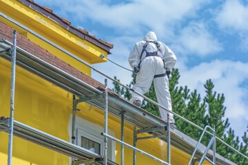 man in white protective suit painting a yellow roof of an apartment building with spray gun ladder and platform on top of it during sunshine in the morning with beautiful view of clear blue sky - Powered by Adobe